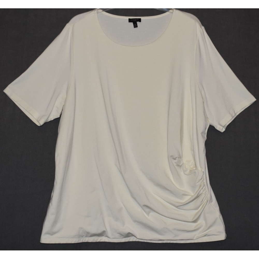 Talbots 2X Stretch Top Blouse Ruched side Short Sleeves Ivory/Cream Round Neck